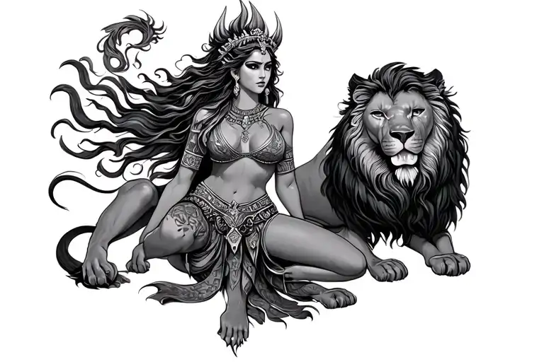 Goddess Ishtar full body with lions tattoo design idea
