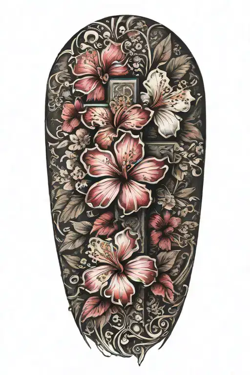 sleeve from wrist to elbow with hibiscus flowers and cherry blossom petals with a white cross in the middle  tattoo design idea