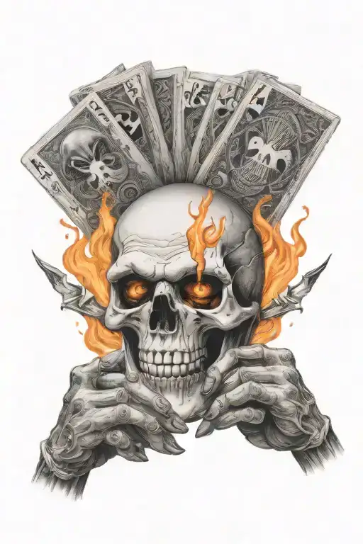 skull fire coming from hands holding joker card tattoo design idea