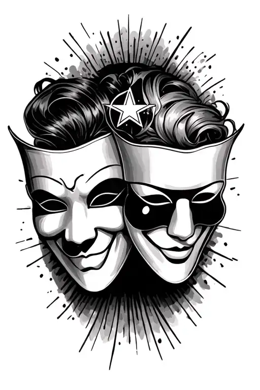 smile now cry later as two theatre masks with the gemini star sign logo faded in the middle of the masks tattoo design idea