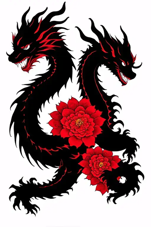 floral dragon back piece red feminine tattoo design idea