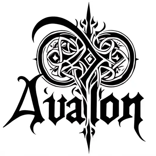 The word Avalon, Gothic font on the forearm, from brush to elbow, from the backon of Celtic patterns tattoo design idea