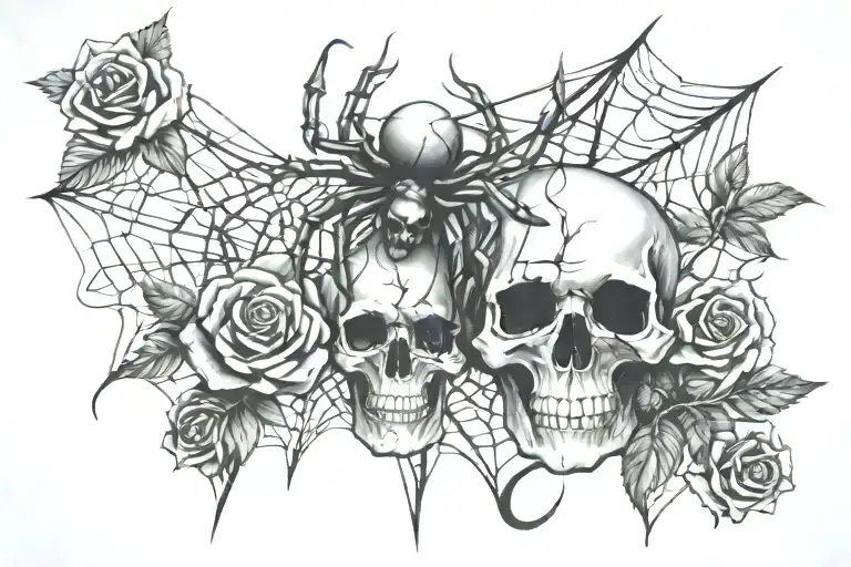 spider web and skull and roses entwined tattoo design idea