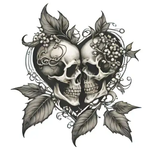 mistletoe heart with skeletons kissing each other with negative space tattoo design idea