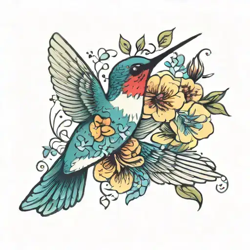humming bird with flowers and butter fly tattoo design idea
