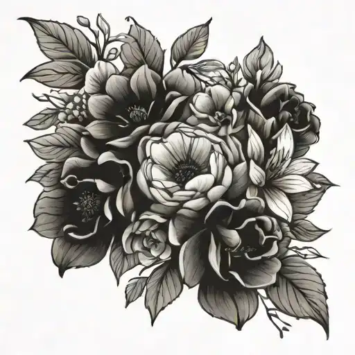 a bouquet of 6 flowers using the birth flowers of july, august, october, november, and february. put 2 august ones tattoo design idea