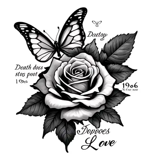 A mourning tattoo, with a rose, a butterfly, the date 1966, and the sentence death does not stop love tattoo design idea