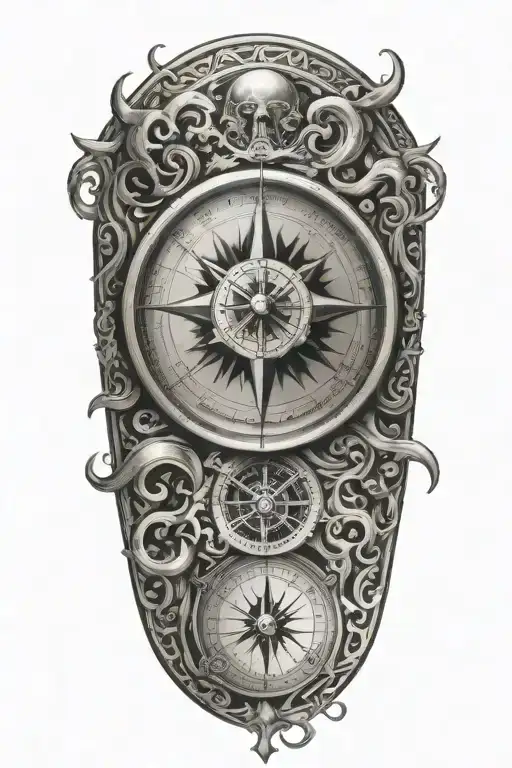 compass and scroll wrapped round tattoo design idea