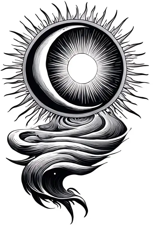 fine line tattoo sun and moon radiating long lines, below a circle and waves in it and ripples around the circle, 3D tattoo design idea