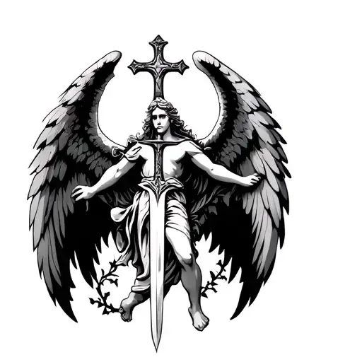angel with open wings spread wide and sword in hand with vines and cross above its head tattoo design idea