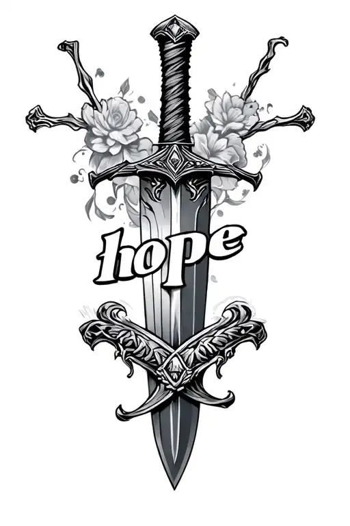 sword with the words "hope" and something resembling my papa his bday was august 7th tattoo design idea