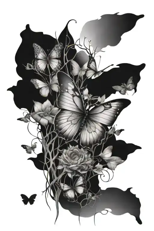 butterfly with 444 or 222 as the body with tree of life wrapping around eternal sunshine with 2-3 other butterflies tattoo design idea
