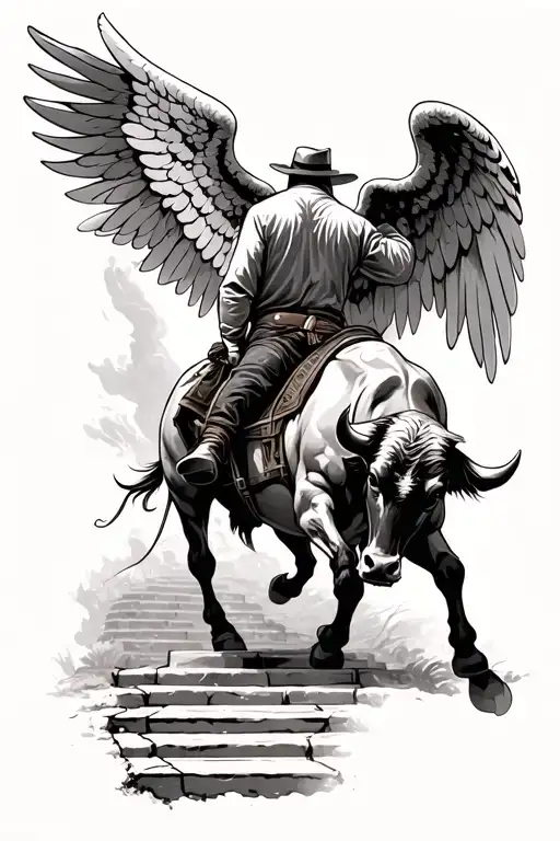 a bull rider with angel wings walking up on stairs to heaven with his back turned tattoo design idea