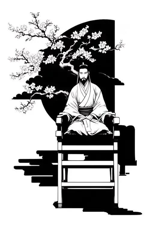 a Japanese sleeve added onto a black work ronin under a chair blossom tree tattoo design idea