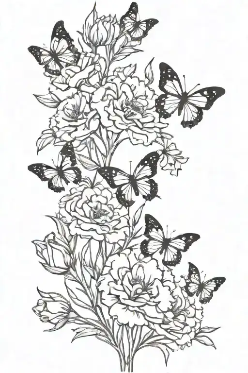 carnation bouquet fine line with butterflies flying tattoo design idea