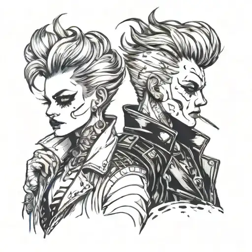 Two characters. One is an androgynous punk with a pompador, they are holding a mask of their face.  tattoo design idea