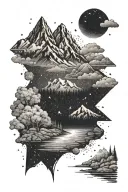 mountains with river forest in foreground, above galaxy stars and or blasting quasar  tattoo design idea