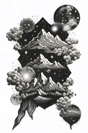 mountains with river forest in foreground, above galaxy stars and or blasting quasar  tattoo design idea