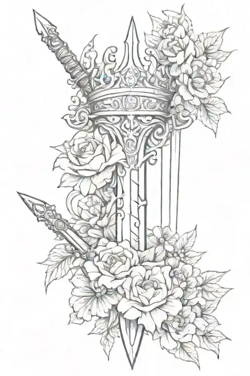 sword and crown with flowers tattoo design idea