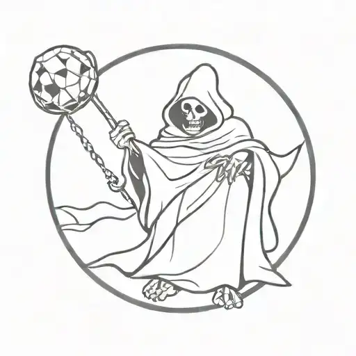 grim reaper rolling a d20, full moon background tattoo design idea