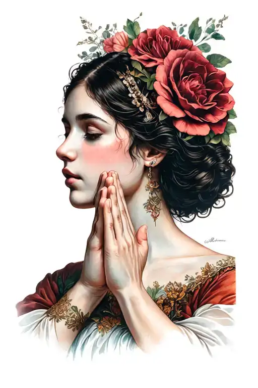 "Victoria" hands in prayer, in the hands of a cut tattoo design idea