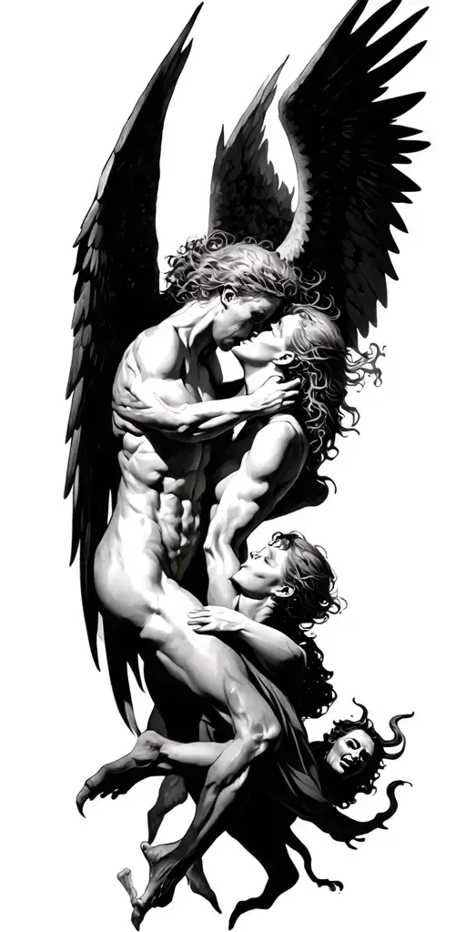 angels and demons fighting through pain to kill each other with lost souls in the background tattoo design idea