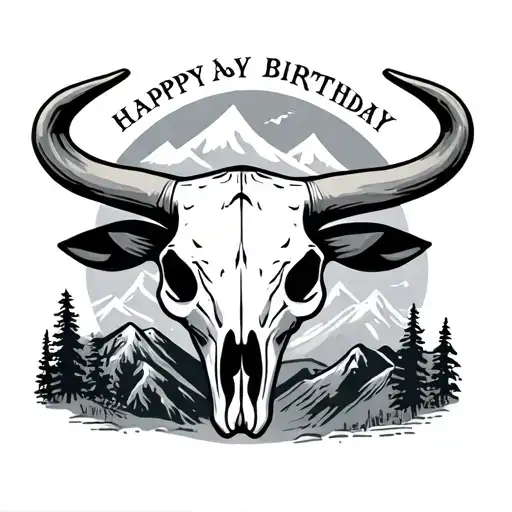 steer skull with grandmas birthday surrounded in mtns tattoo design idea