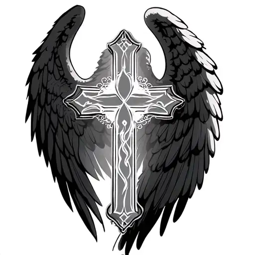 cross and angel wings tattoo design idea