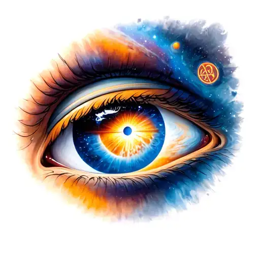 3rd eye with seven archangel sigil in the pupil, adding the planet jupiter in the background in a galaxy.  tattoo design idea