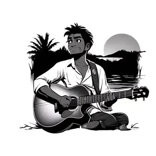 miguel from coco disney moovie with his guitar staring into de sunset. the actual character from the film tattoo design idea