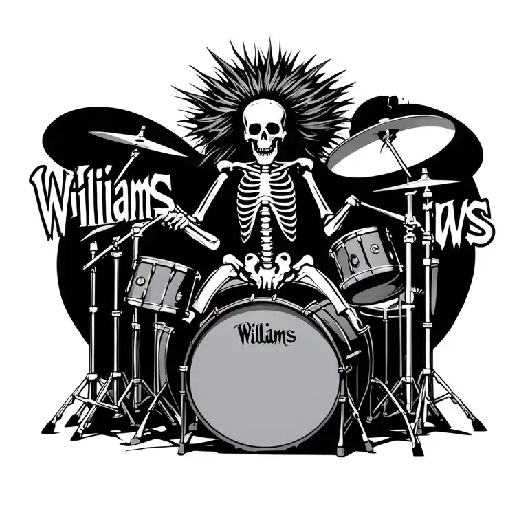 "Williams" full body wicked skeleton with spikey hair out playing drumset with skulls on it with heavy metal theme tattoo design idea