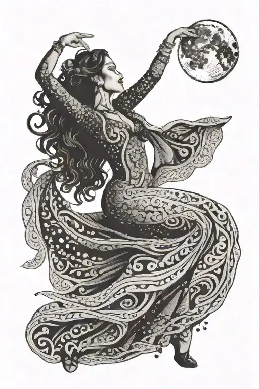 A dotwork tattoo of a Latina woman dancing flamenco, with a wolf silhouette howling at a full moon in the background tattoo design idea