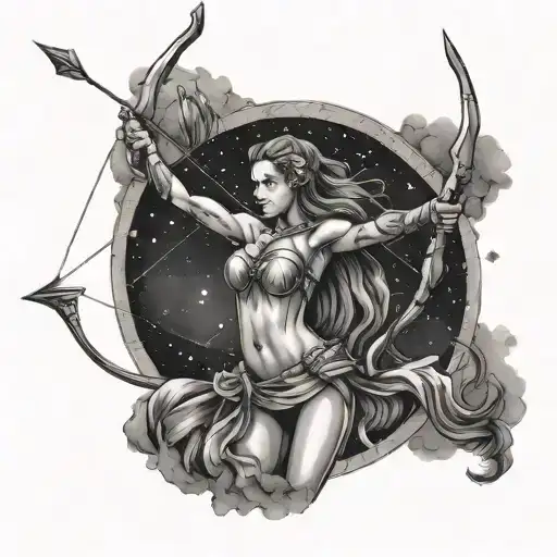 Sagittarius woman with her bow and arrow on night sky tattoo design idea