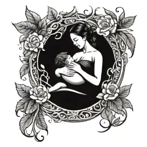 A beautiful and intricate design of a mother breastfeeding her child, symbolizing the bond of motherhood and nurturing, incorporating elements of the Tree of Life symbol tattoo design idea