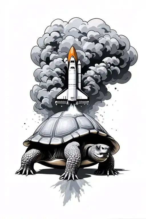 hermann's tortoise side on but the the shell is filled with the smoke cloud from the space shuttle endeavour launching tattoo design idea