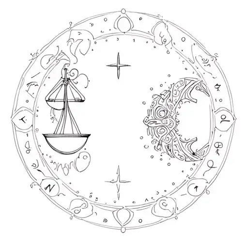 Finline with Dotart, zodiac Aquarius with a sign Libra in a kind of mandala tattoo design idea