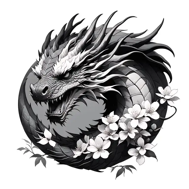a full realistic dragon with cherry blossom flowers tattoo design idea