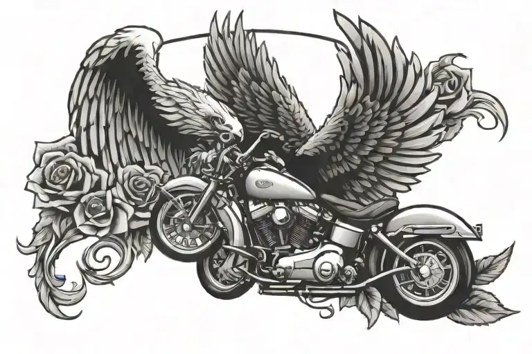 Harley Davidson emblem, eagle wings, roses tattoo design idea