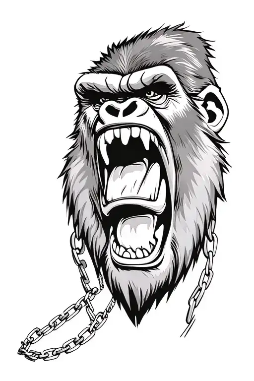 Tough gorilla aggressive face with mouth open teeth showing wearing a metal chain tattoo design idea