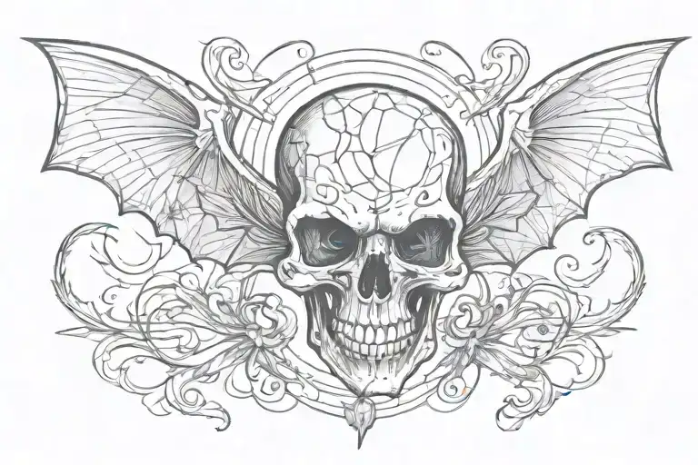 skull head with bat wings connected to it and line art  tattoo design idea