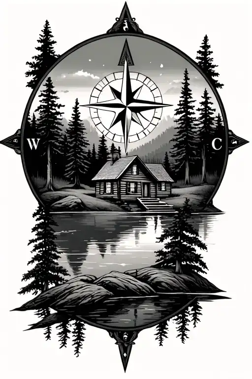 Compass. In the compass, I want a small cabin on a hill overlooking a small lake with trees around the water tattoo design idea