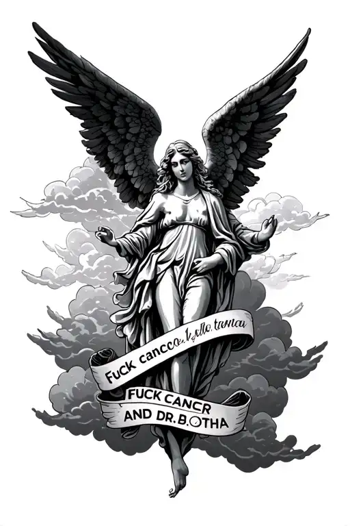 "Fuck cancer and DR.Botha" clouds heavenly angel surrounded tattoo design idea