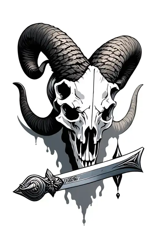 ram skull sword tattoo design idea