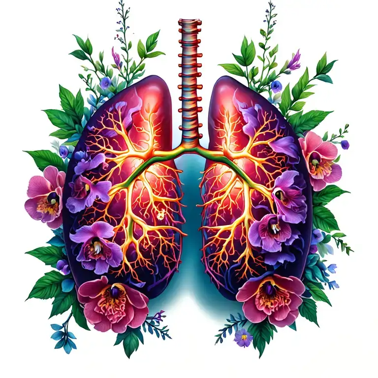 a pair of lungs connected to a spine with snapdragon, peonies, orchids, and flower vines flowing throughout tattoo design idea