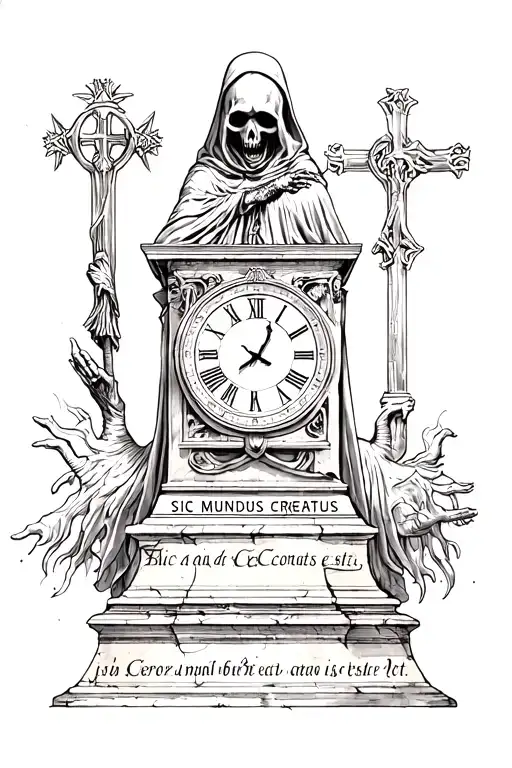 reaper with monument on which it is written sic mundus creatus est,in left hand clock in right hand corss tattoo design idea