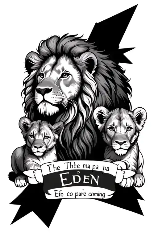 half Lion half Lioness 2 half lion cubs around an arrow name Éden Thé ma pa coming tattoo design idea