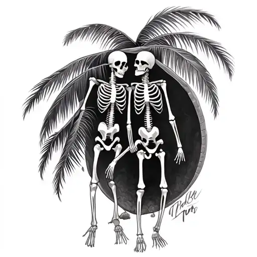 entire back piece in black and grey realism of a curved palm tree with two male skeletons holding hands leaned against tattoo design idea