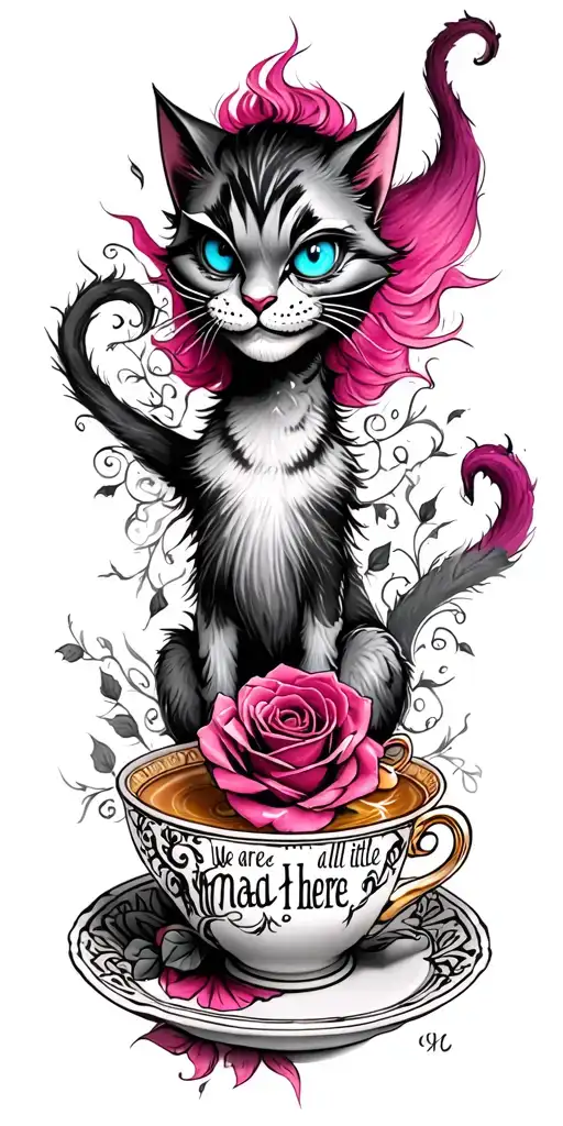 "We are all a little mad here"  evil cheshire cat with blue eyes with tail intertwined with tea cup and rose tattoo design idea