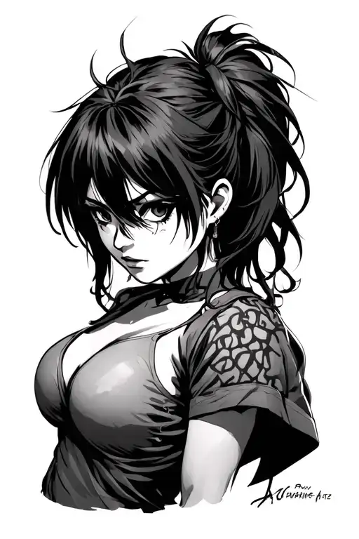 Simple style, anime character, Revy from Black Lagoon, deadly aye  tattoo design idea