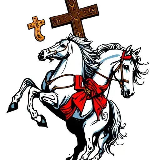 cross and horseshoe white horse jumping tattoo design idea
